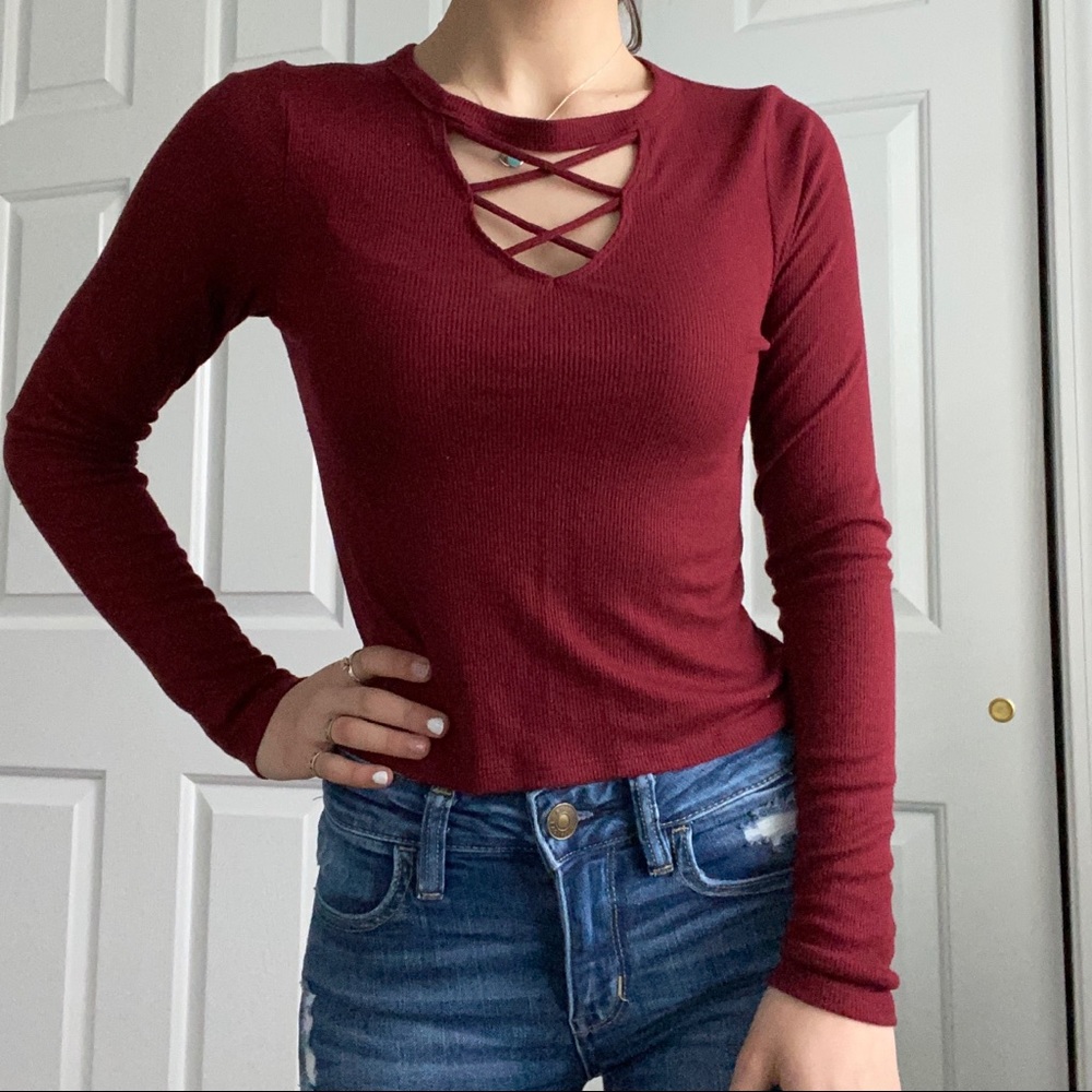 Hollister Maroon Cross Long Sleeve Top